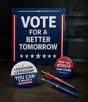 Political campaign sign, pens, buttons, and branded products
