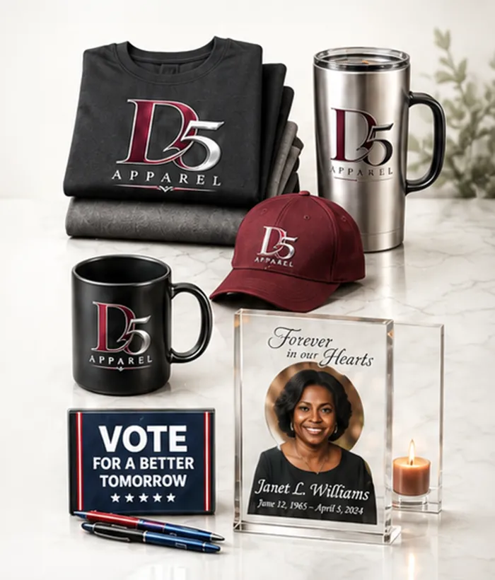 D5 Apparel shirts, mugs, hats, campaign products, and memorial keepsakes